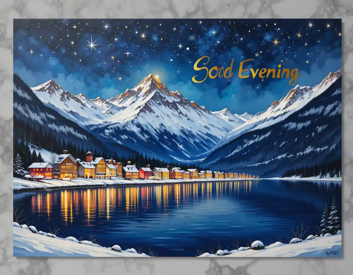Snowy mountain town at night by a reflective lake