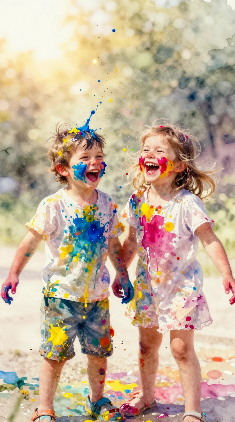 Laughing children splashing colorful paint in watercolor portrait