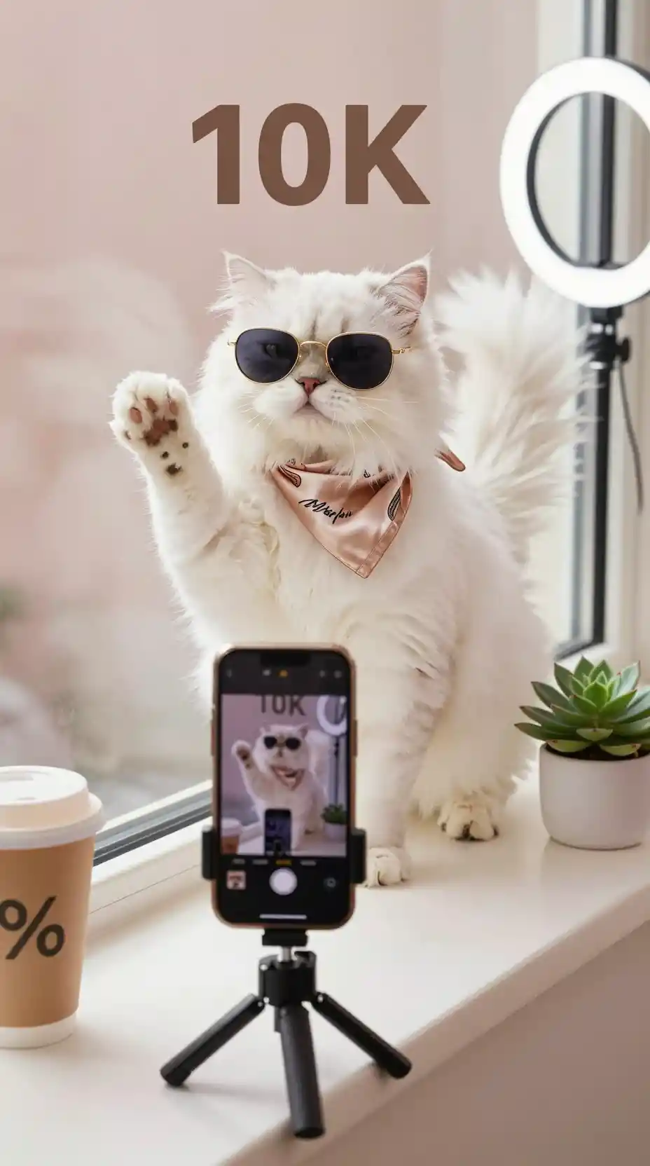 Persian cat posing in sunglasses on a bright windowsill