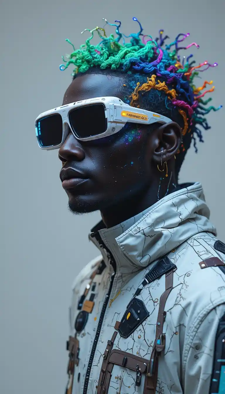 Portrait en studio d’un homme africain cyberpunk en techwear superposé