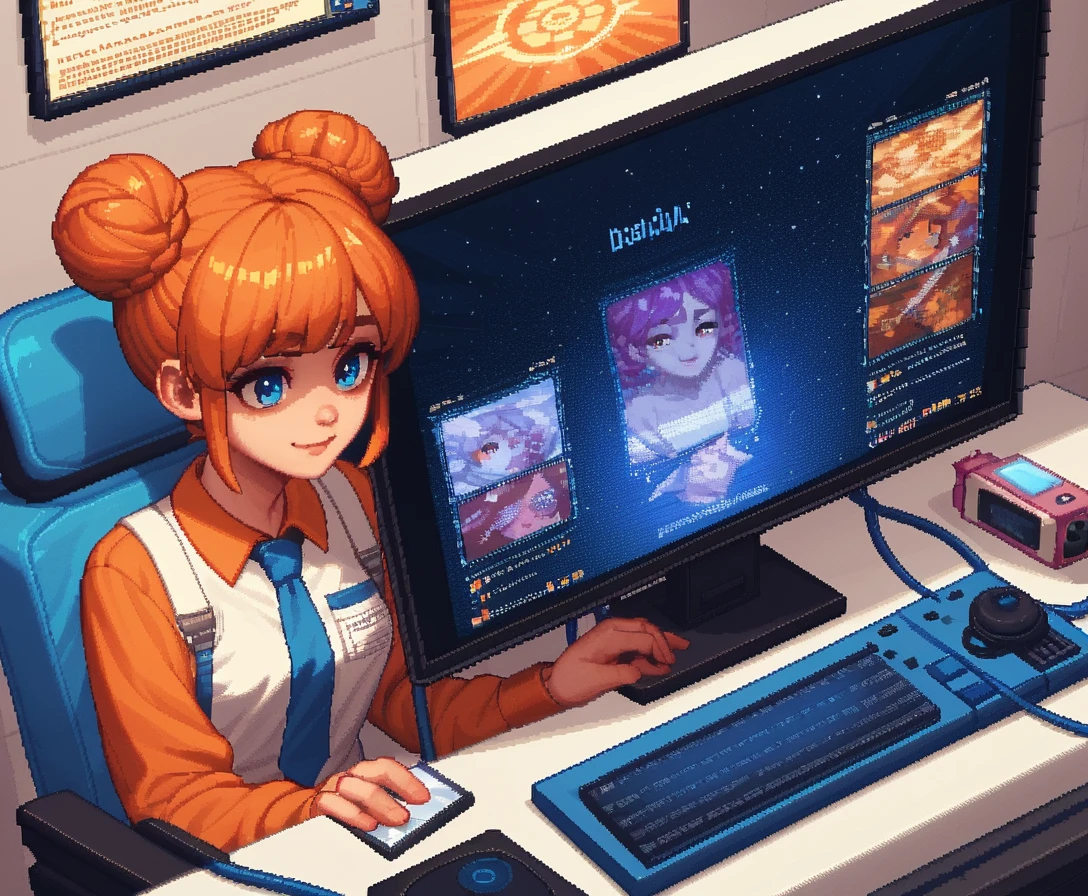 Retro pixel art girl on pc 98 style space station screen
