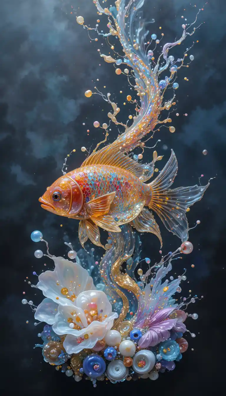 Pez dorado rubí en obra de arte de cristal líquido luminoso