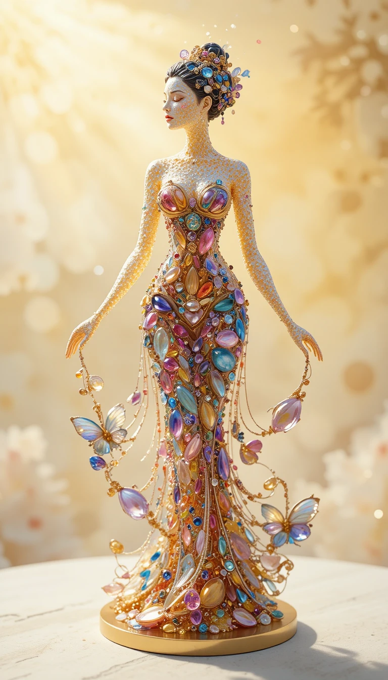 Gemstone beauty figurine on a golden pedestal in sunlight