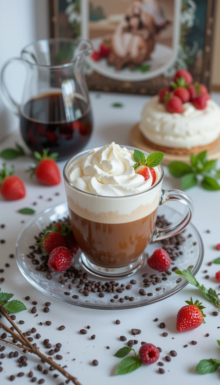 Plato de postre con café con crema batida y frutos rojos frescos