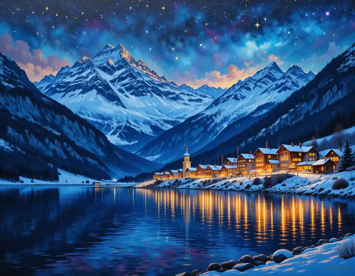 Snowy mountain town lights reflecting on a calm lake
