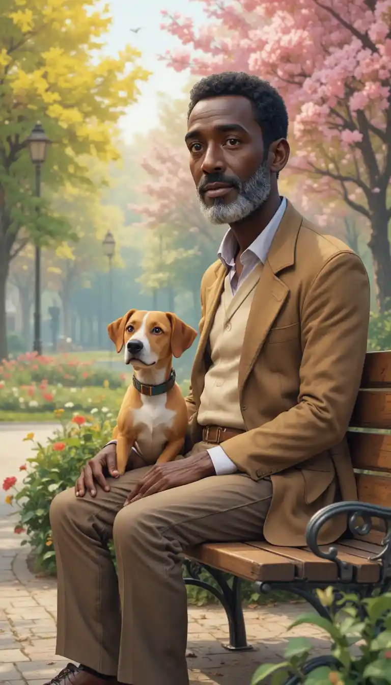 Abuelo africano y perro relajándose en un banco del parque