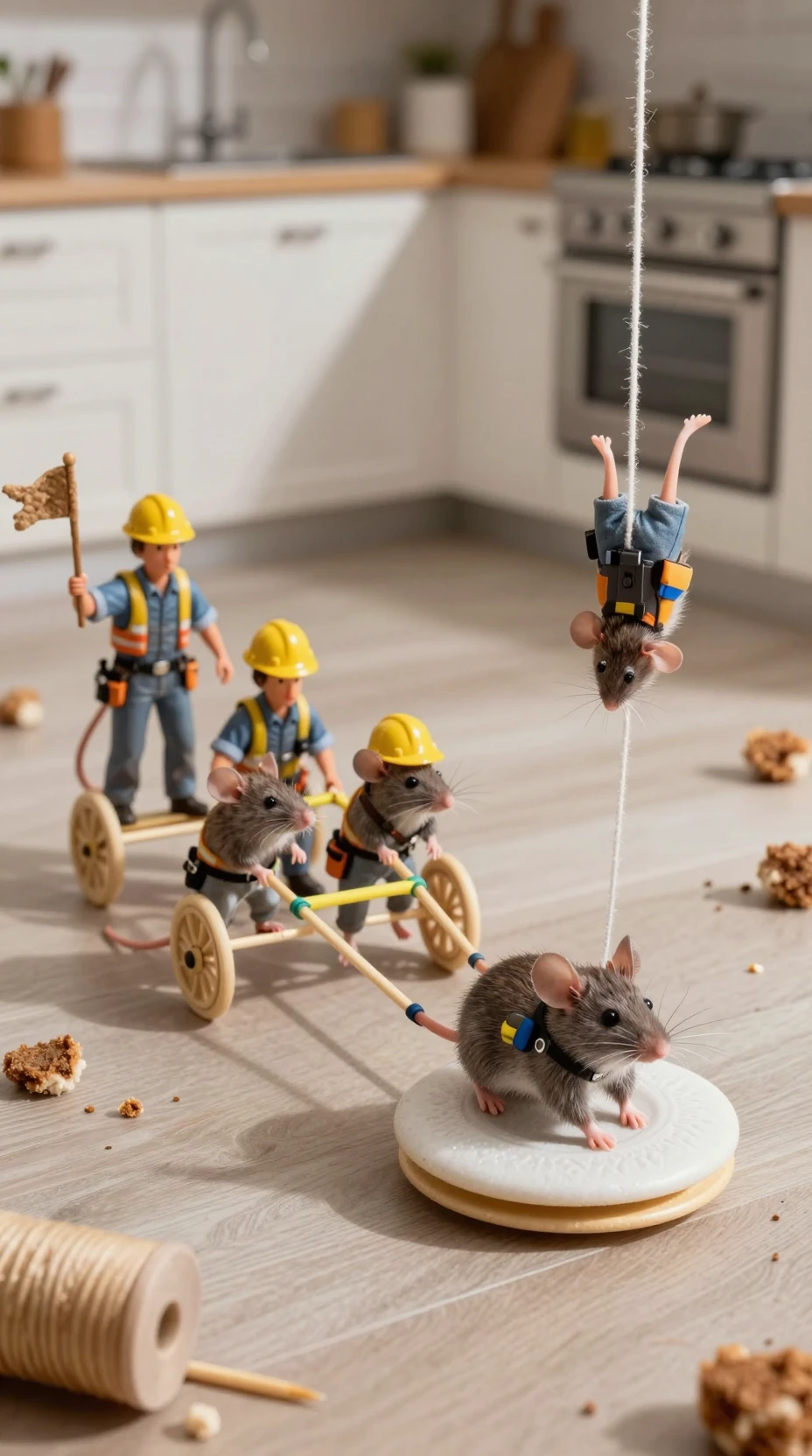 Ratones de campo usando un diminuto artilugio para mover un aro de cereal