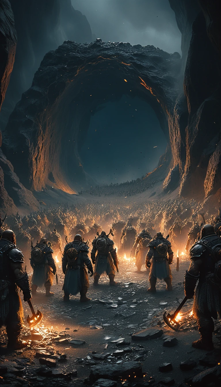 Dwarven warriors confront charging orcs at a cave mouth