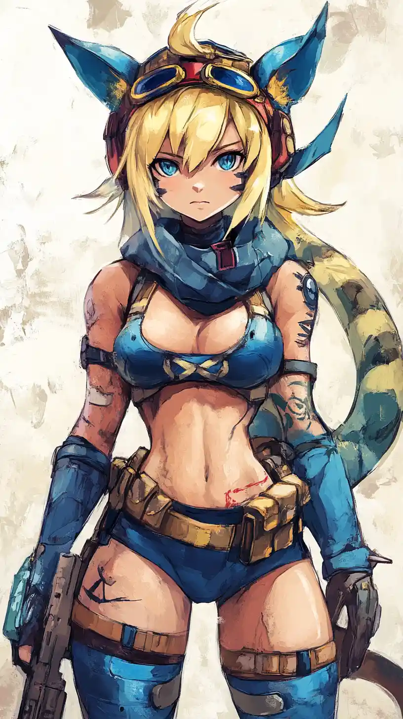 Close up of a tattooed anime warrior woman in blue armor