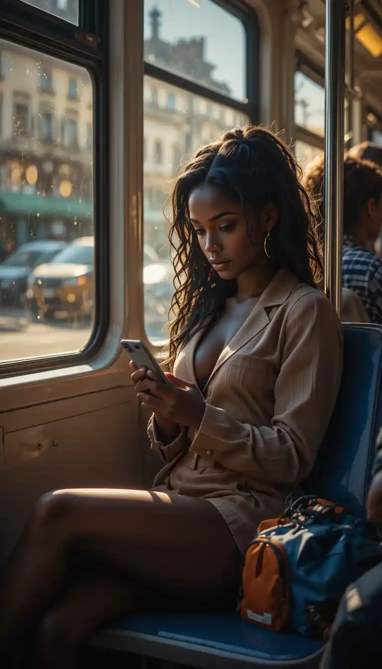 Ebony woman on morning bus focused on her phone