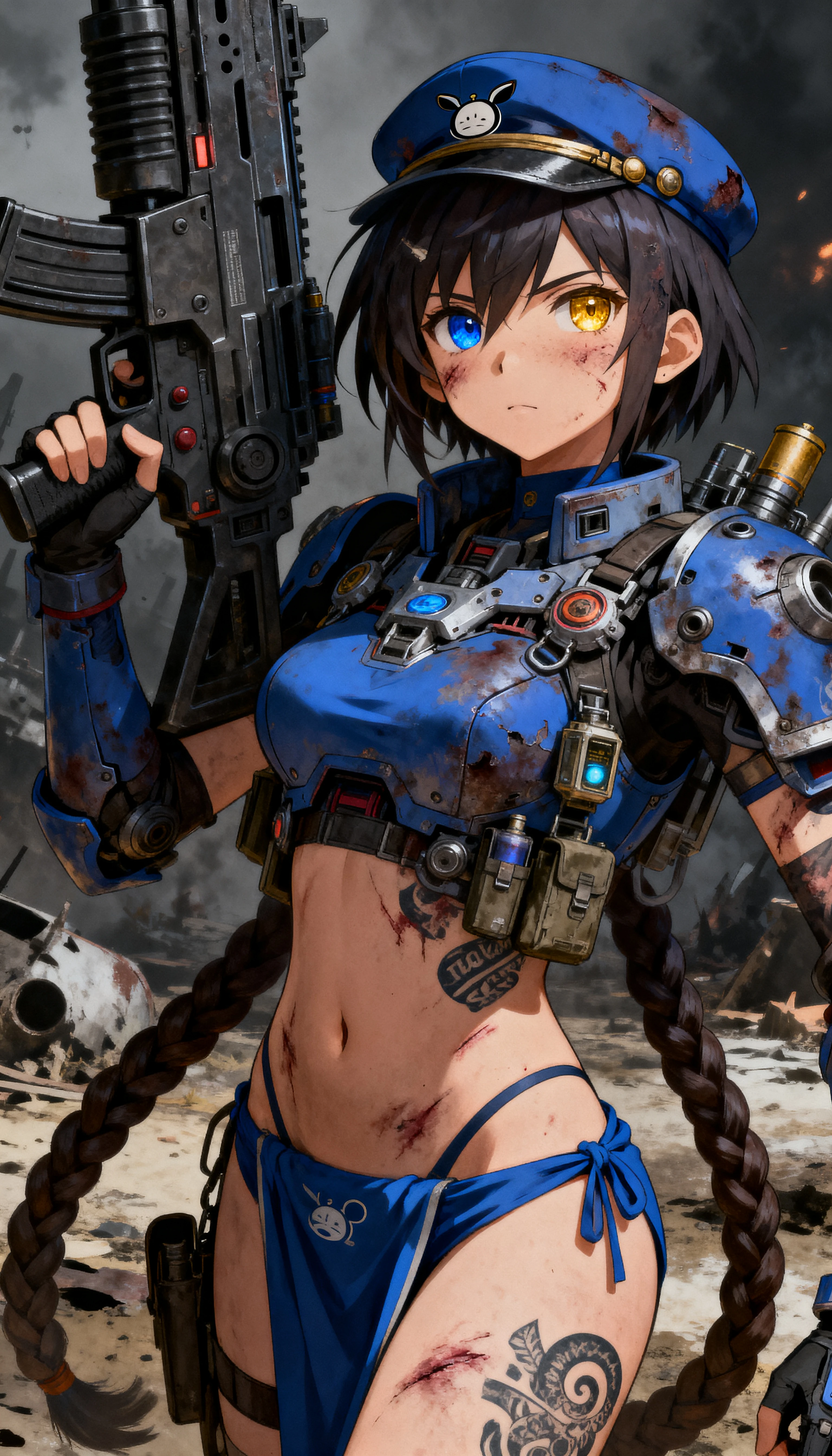 Close up of tattooed anime warrior woman with scars