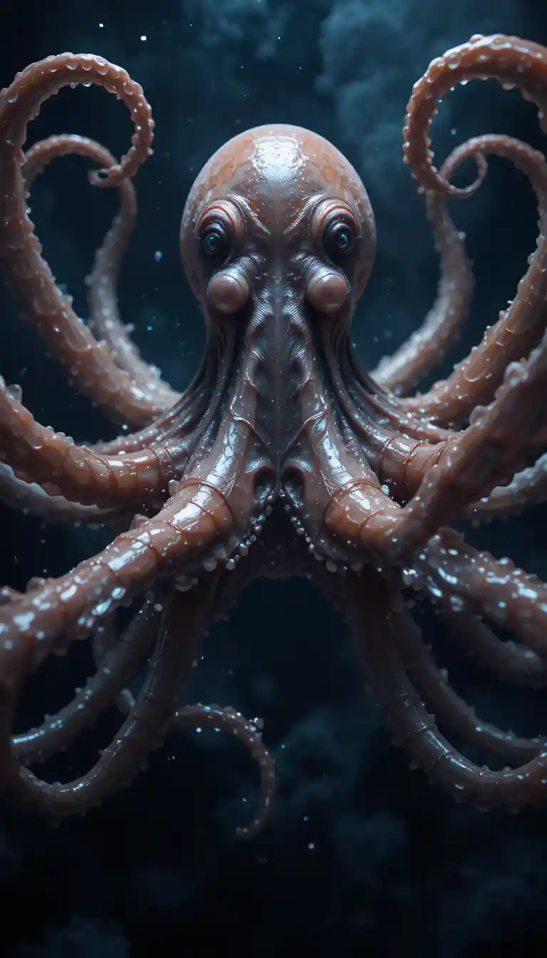 Hyperrealistischer Oktopus in dramatischer, symmetrischer Unterwasserpose