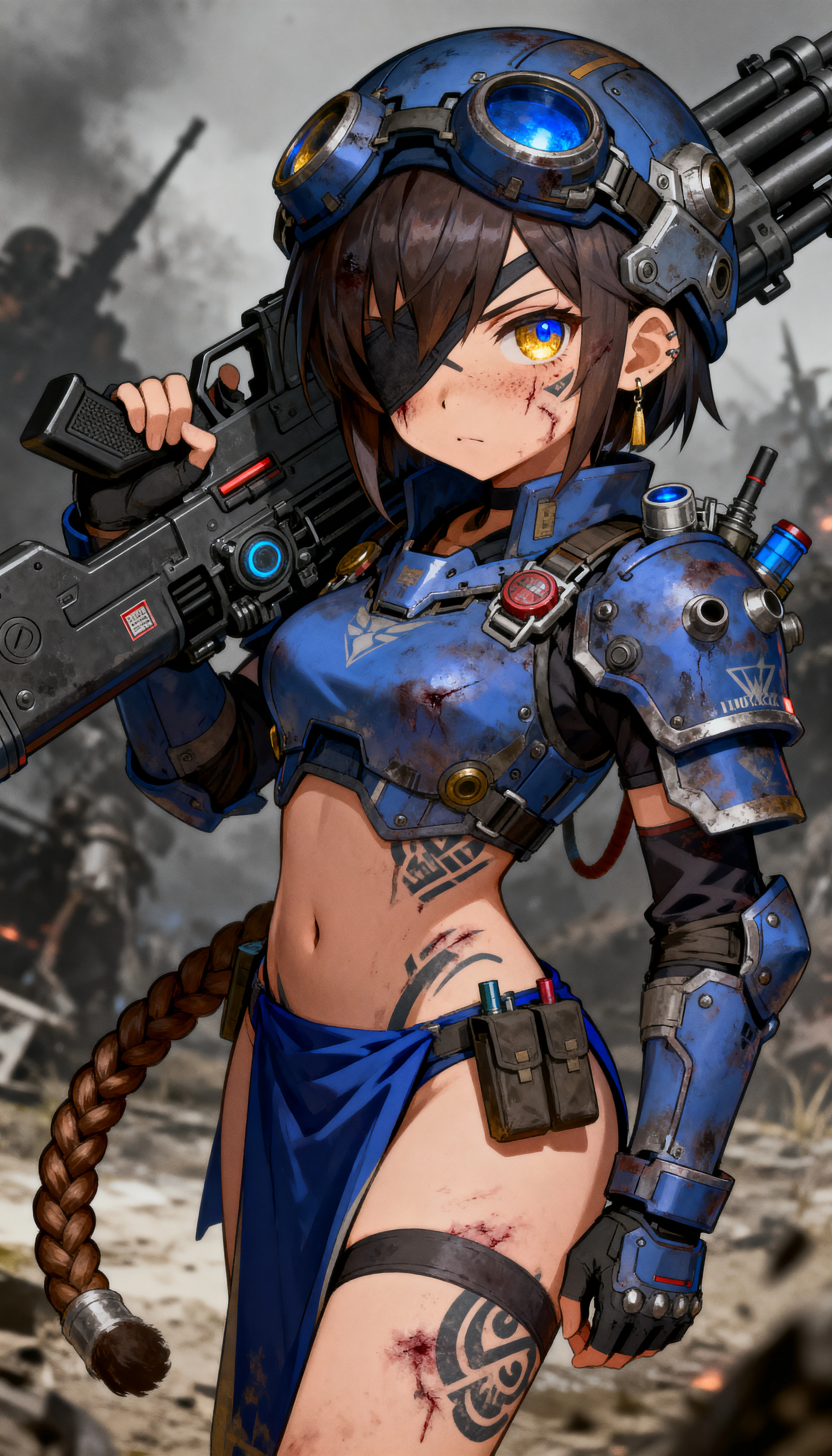 Close up of tattooed warrior woman with golden blue eyes