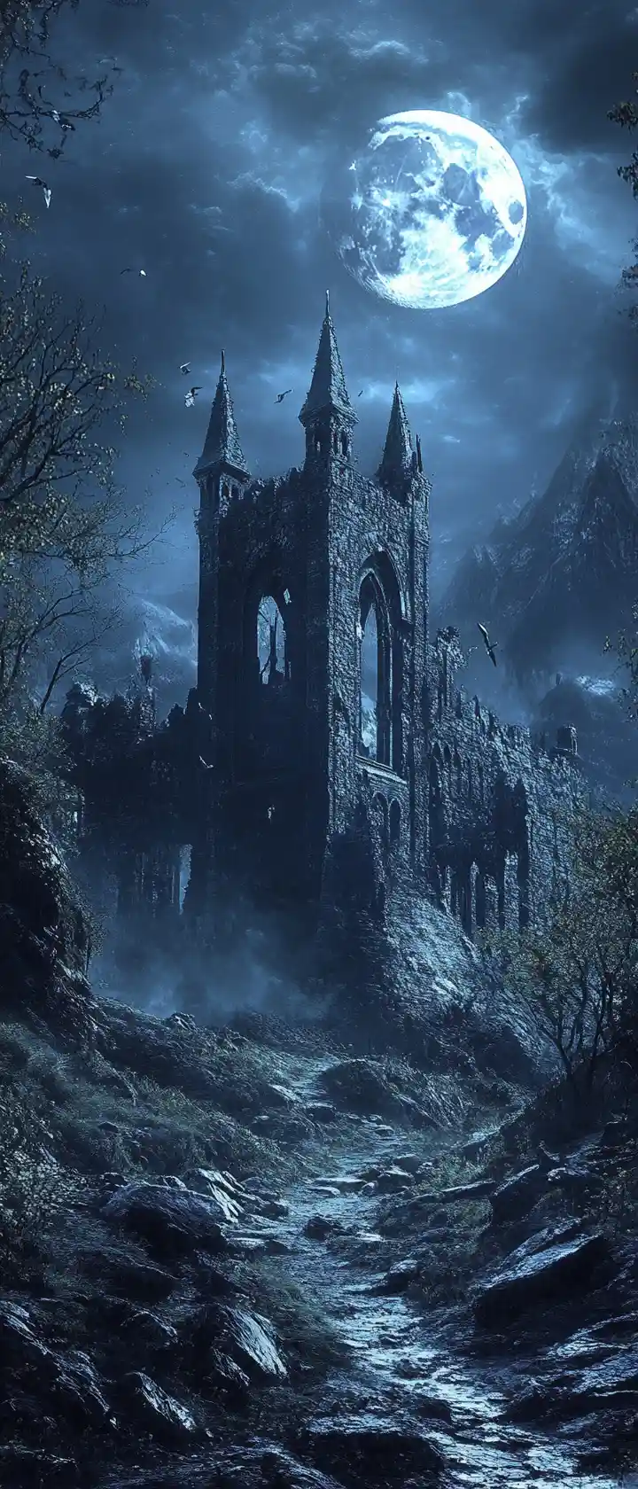 Ruines d’un château au clair de lune près d’une sombre forêt enchantée