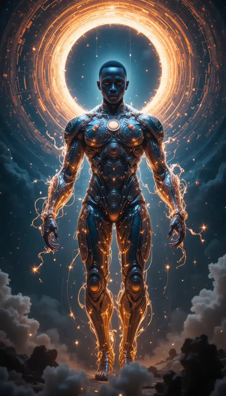 Afrofuturistischer Cyborg schwebt in leuchtender kosmischer Galaxie