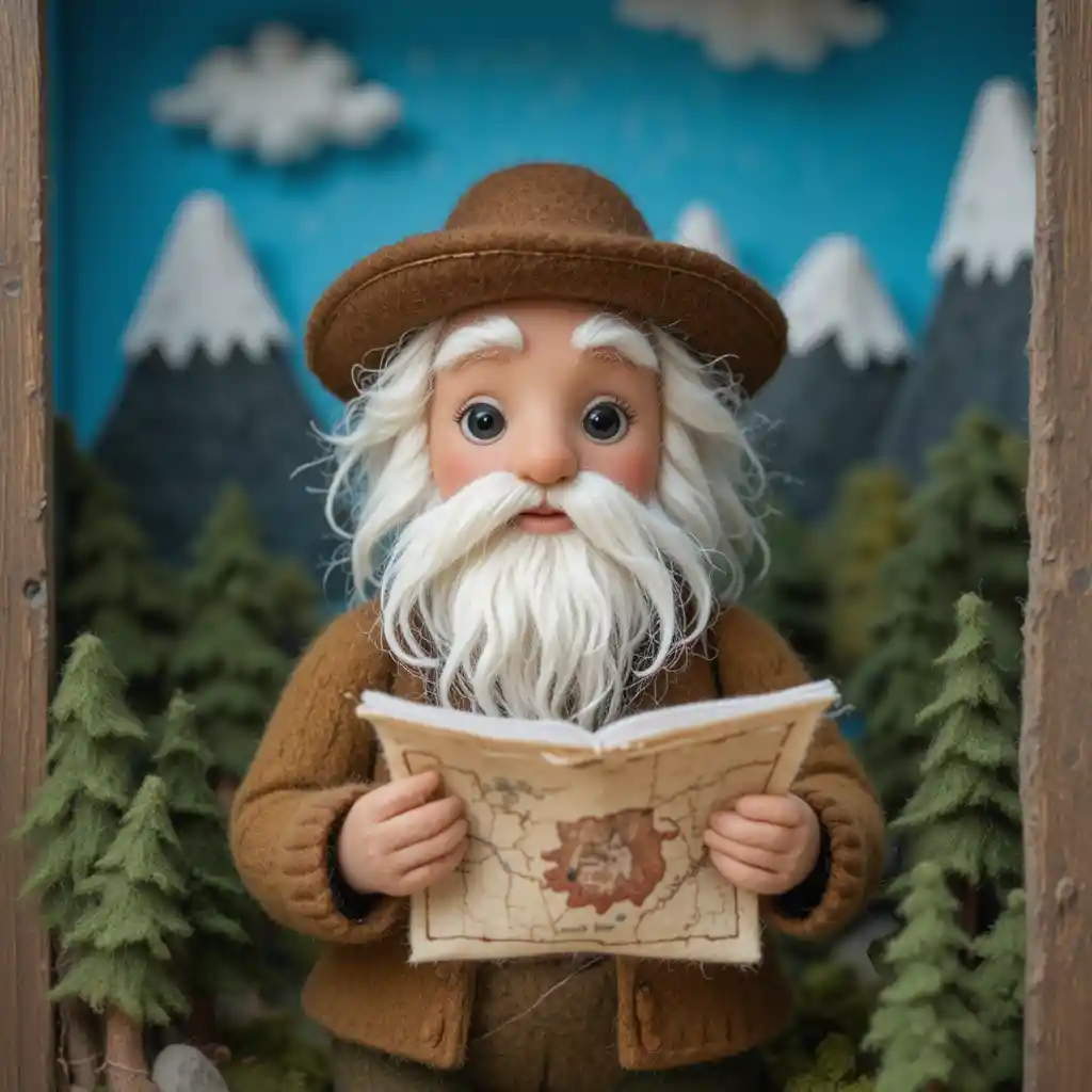 Felted explorer figurine in a cozy mountain diorama