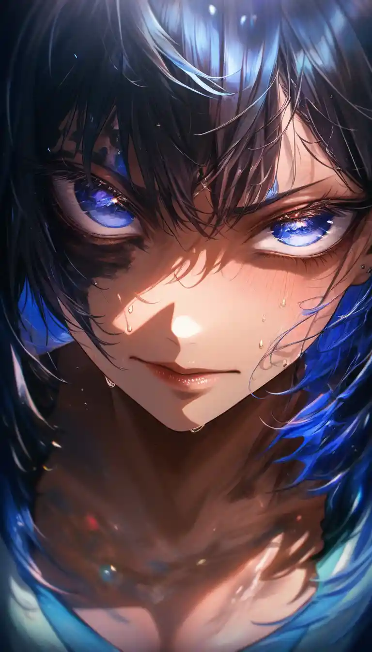 Nahaufnahme eines Anime-Mädchens mit gequälten blauen Augen und Scham