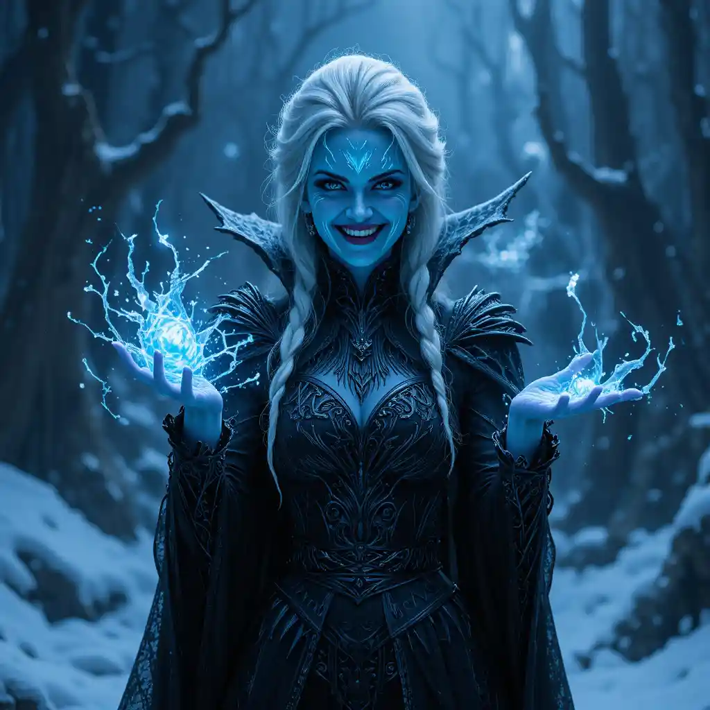 Dark ice queen wielding sinister magic in winter