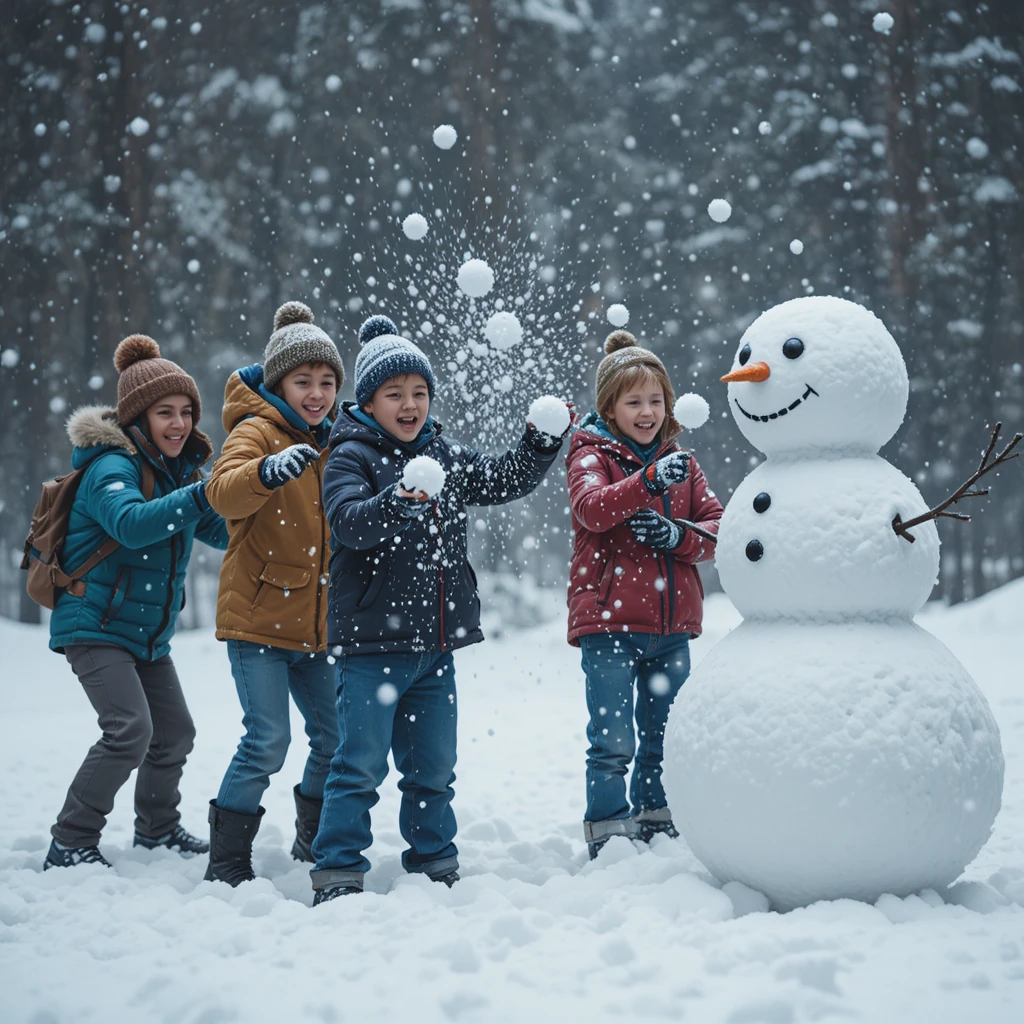 Happy children having a playful snowball fight in winter