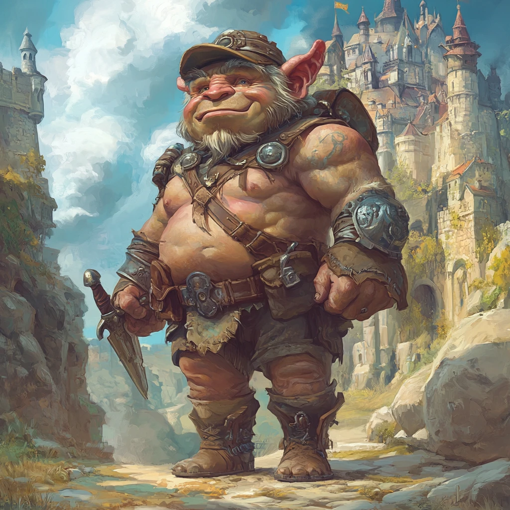 Regal troll king before a massive stone fantasy castle