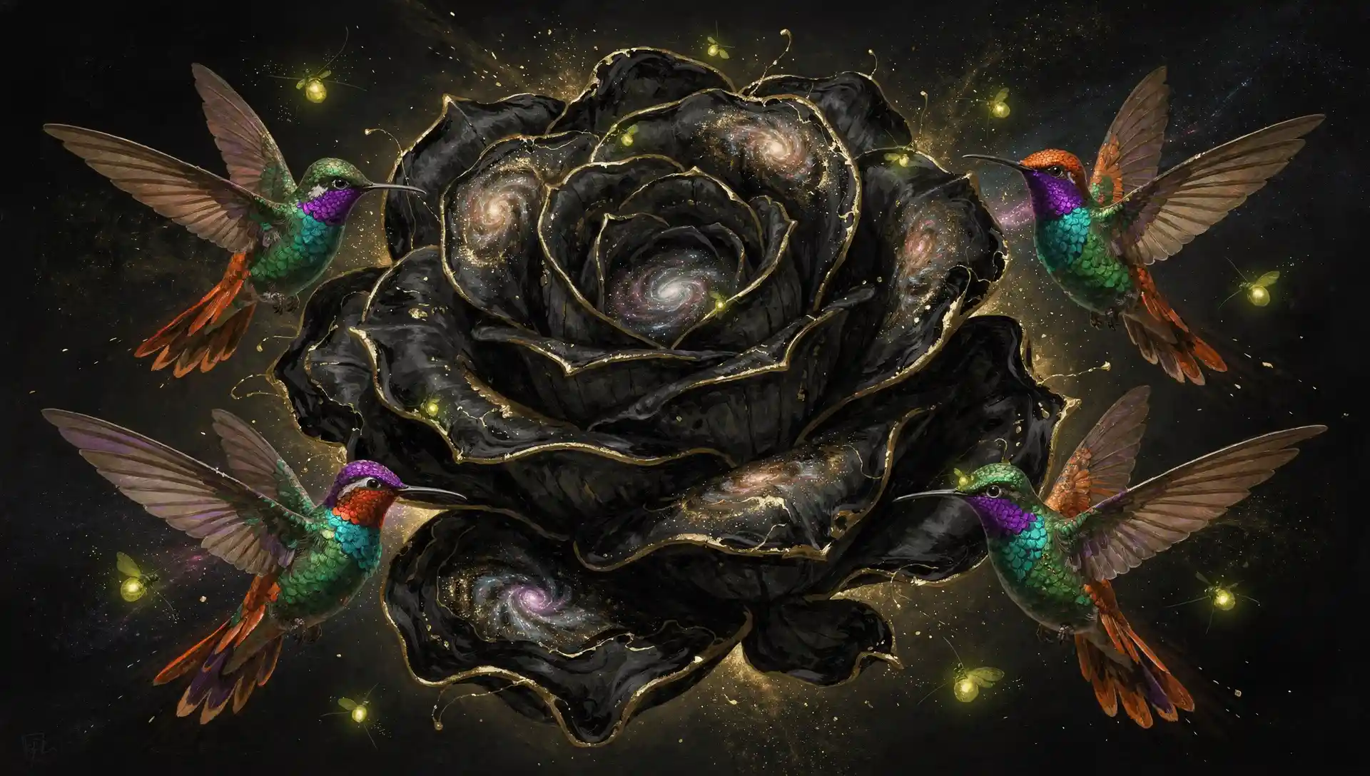 Hummingbirds Hover Around A Cosmic Ink Rose