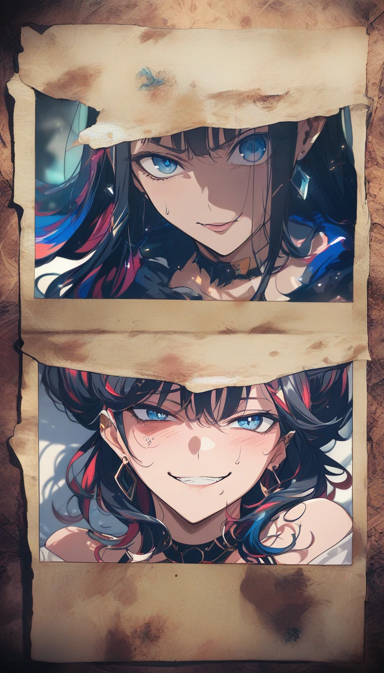 Anime girl close up with anguished blue eyes and shame