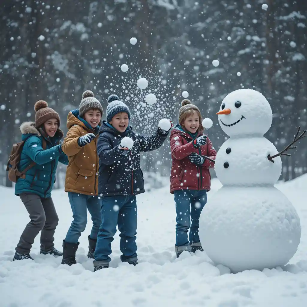 Happy children having a playful snowball fight in winter