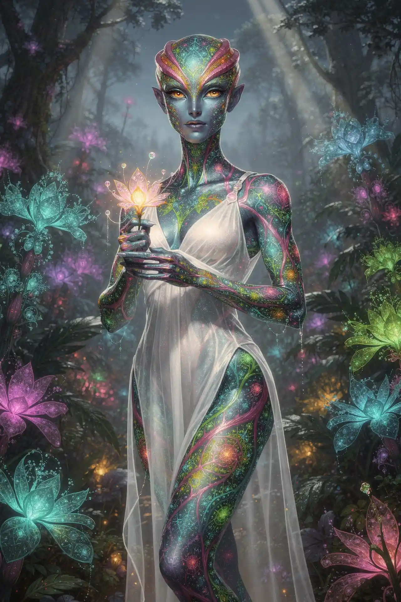 Iridescent alien woman holding glowing flower in jungle
