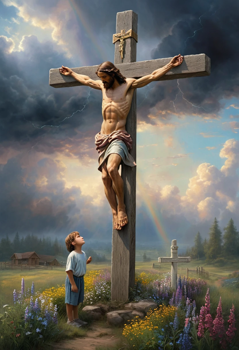 Jesus on the cross in profile with a child below