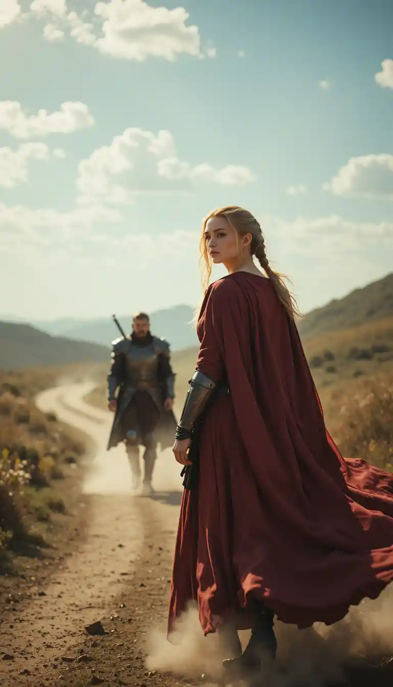 Half elf bard and knight walking along a dusty road