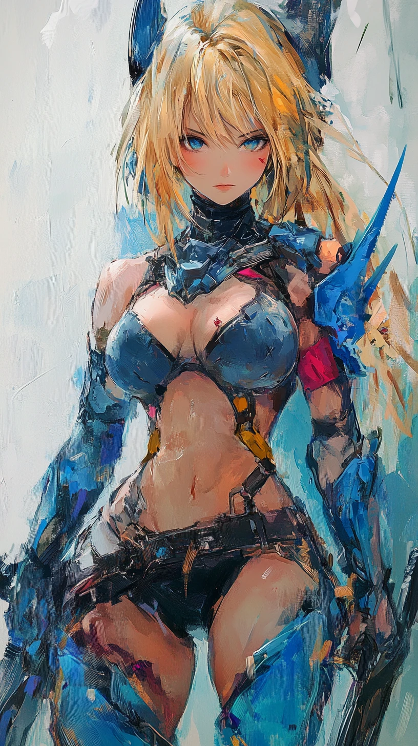 Primer plano de guerrera de anime tatuada con armadura