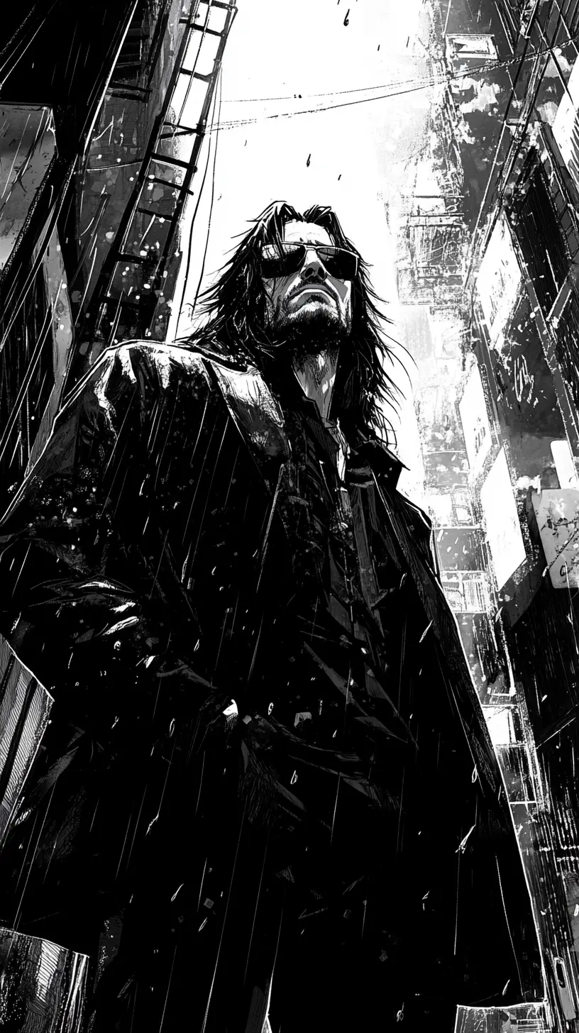 Noir detective in rainy alley with intense stare