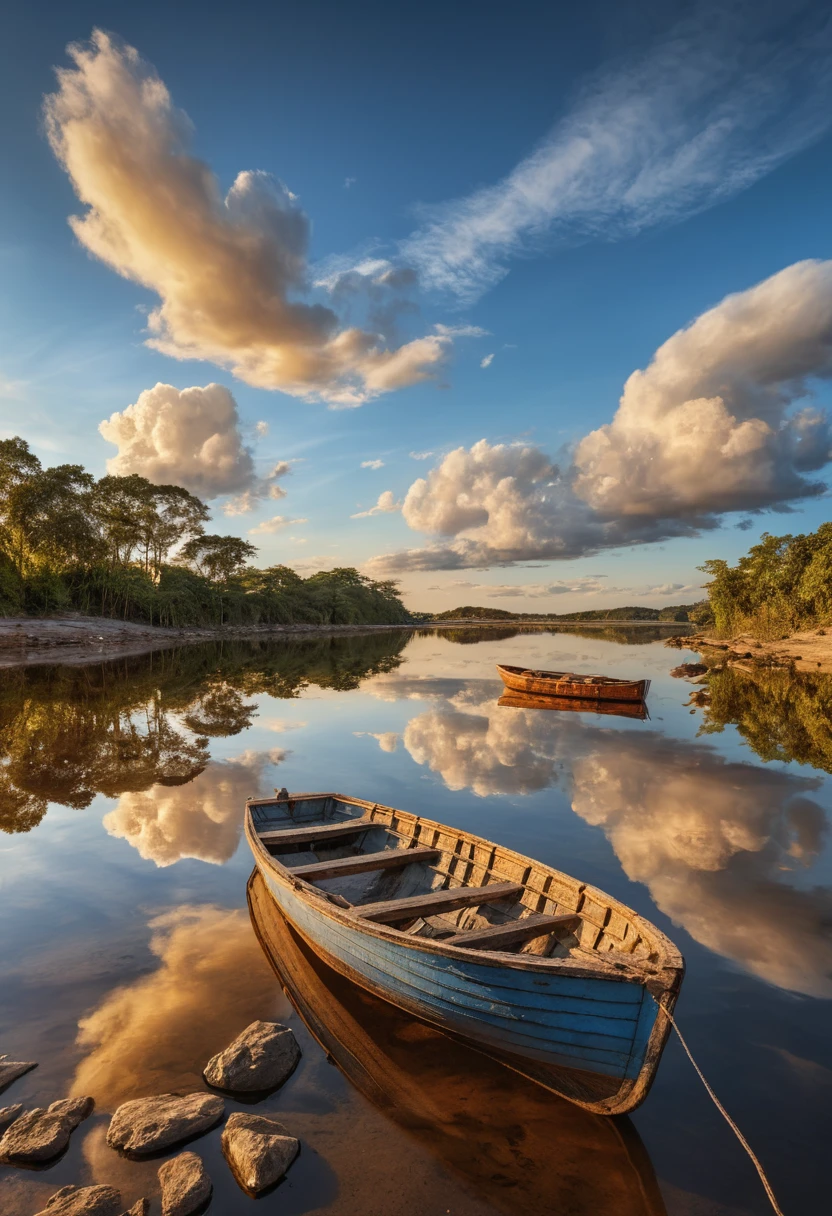 Golden hour river landscape with lonely wooden boat