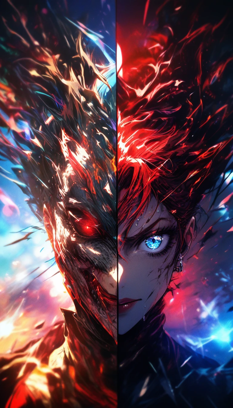 Primer plano de chica anime con ojos azules angustiados y cabello audaz