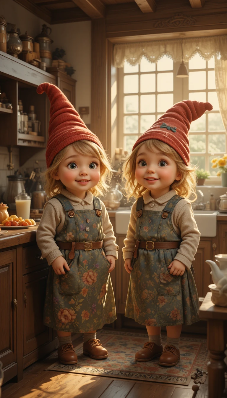 Allegri gemelli halfling in una calda cucina di cottage