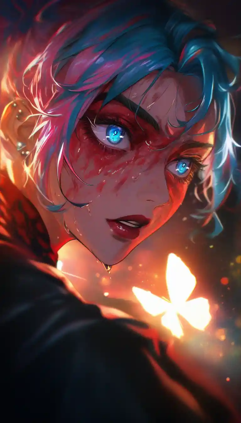 Close up anime girl with anguished blue eyes and bold hair