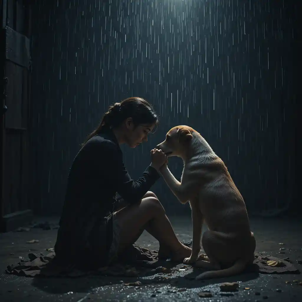 Crying woman comforted by dog in a dark studio