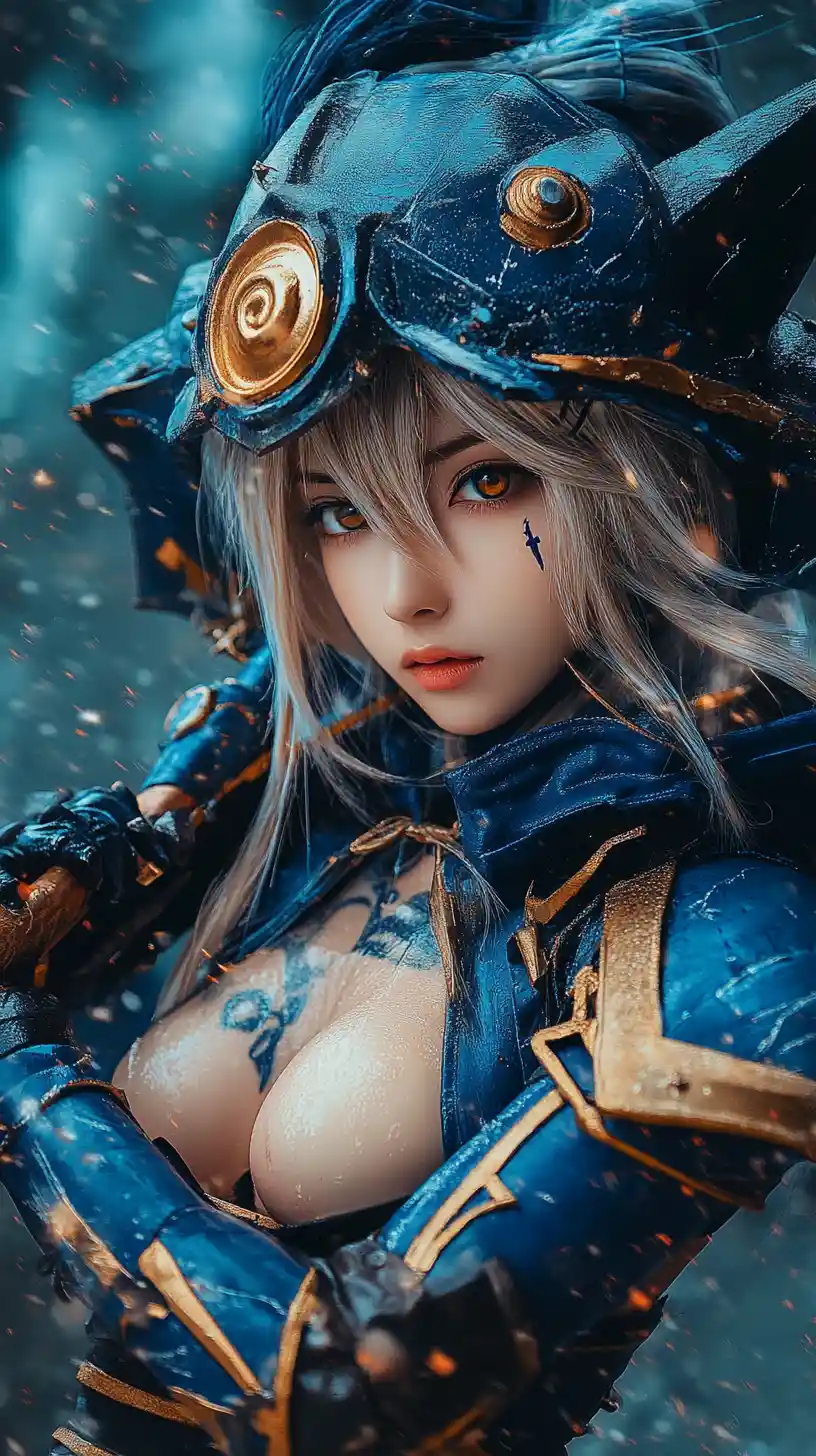 황금빛 푸른 눈을 가진 문신 여성 전사의 클로즈업