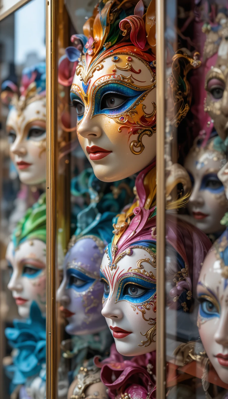 Coloridas máscaras de carnaval veneciano enmarcadas tras un vidrio en la pared