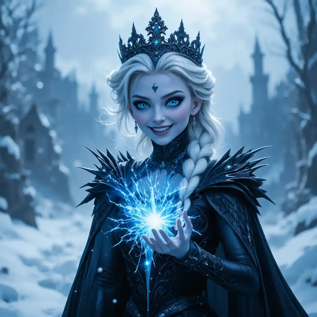 Dark ice queen with sinister powers in winter landscape