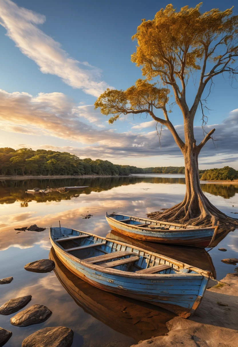 Serene Orinoco river at golden hour with wooden boats