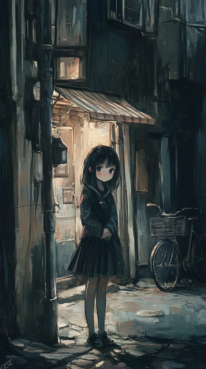 在陰影中擁抱牛仔的憂鬱系動漫女學生