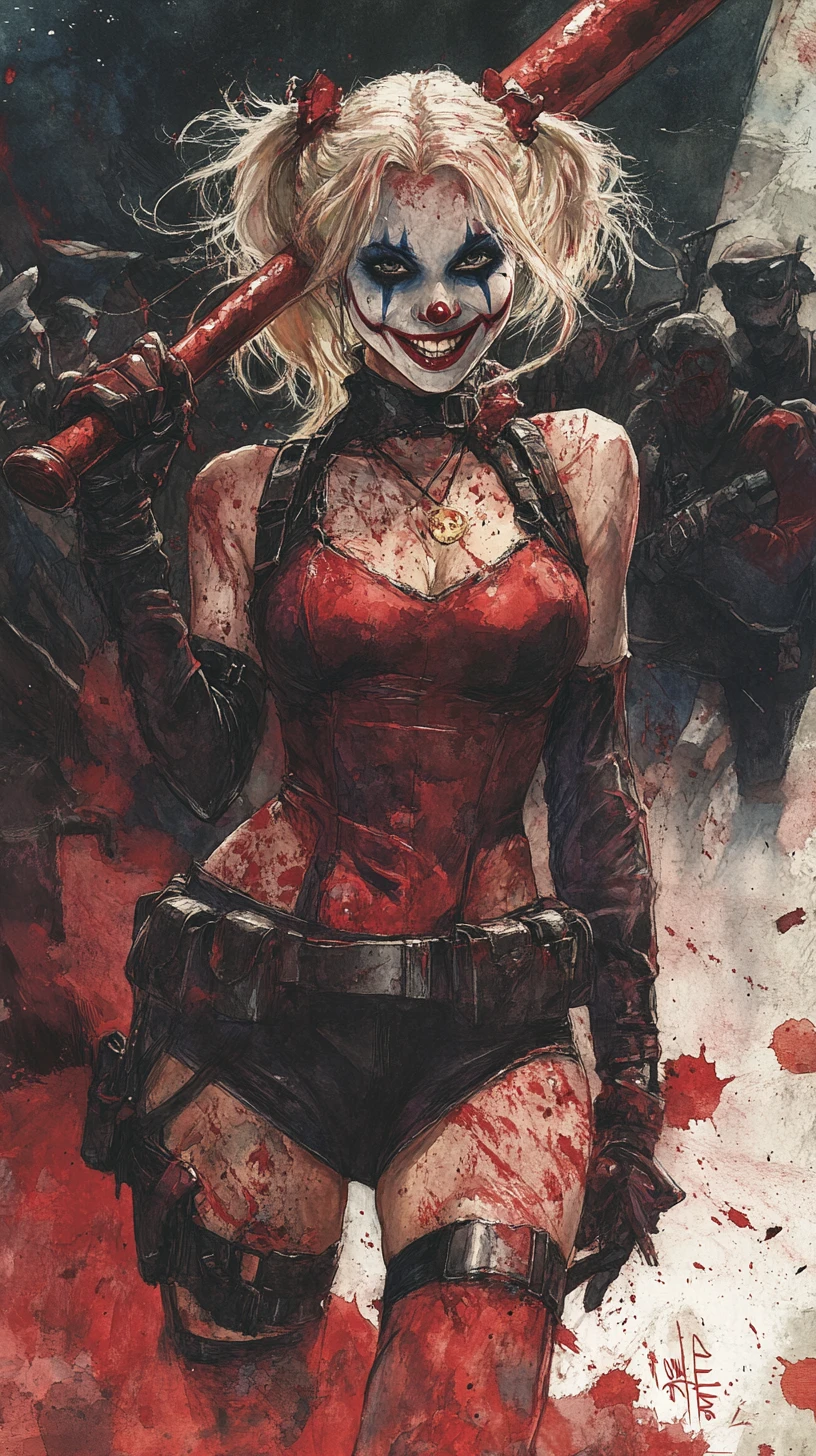 Female fighter with bat amid chaotic battlefield scene