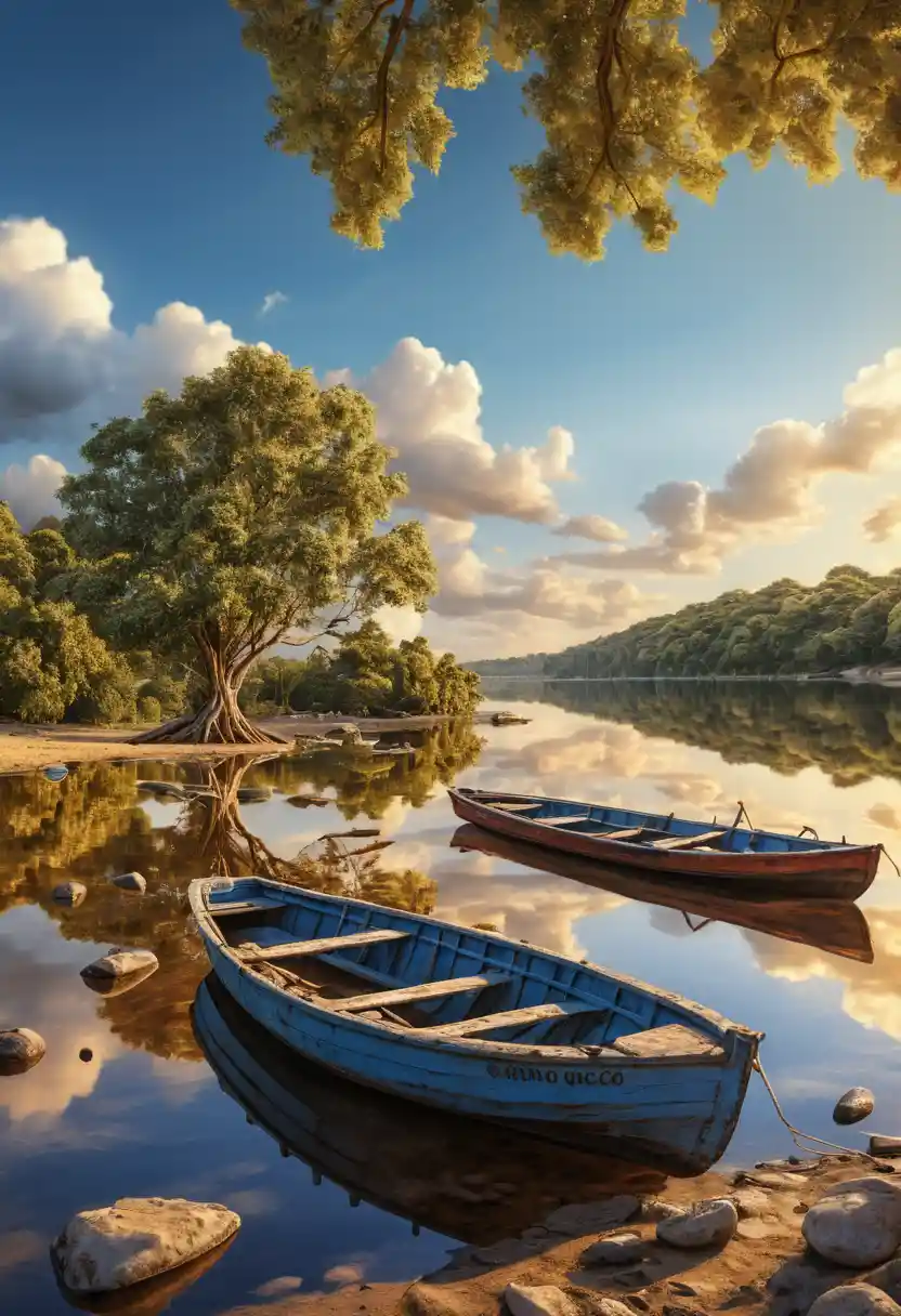 Serene Orinoco riverside at golden hour with old boats
