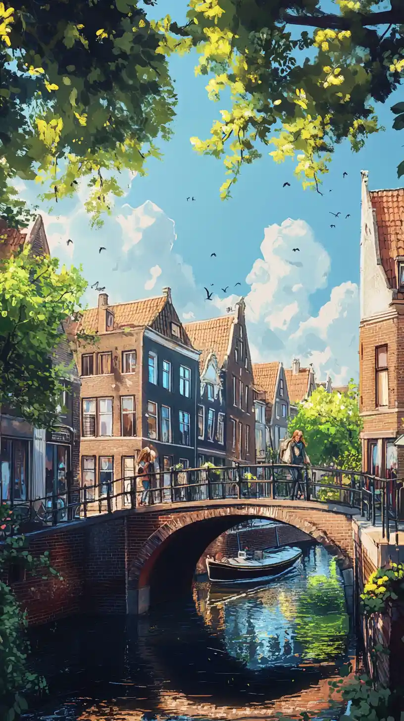 Serene European canal with bridge and passing girl