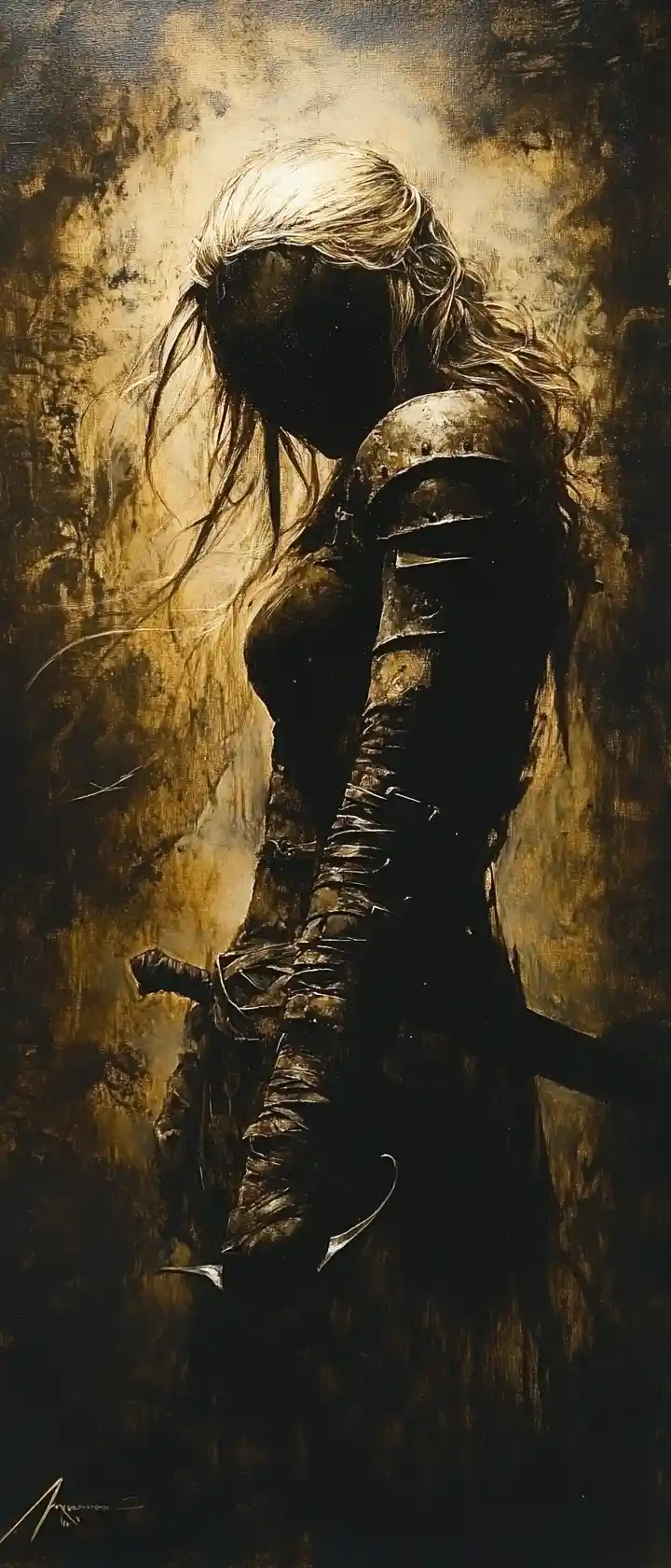 Stoic female warrior in golden hour battlefield calm