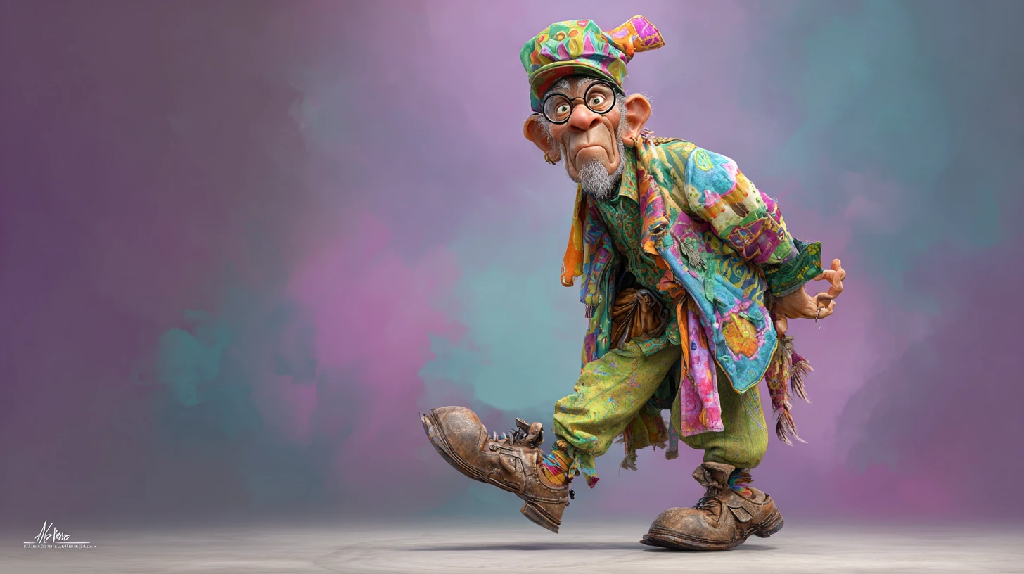 Goofy cartoon character in a vibrant eclectic outfit