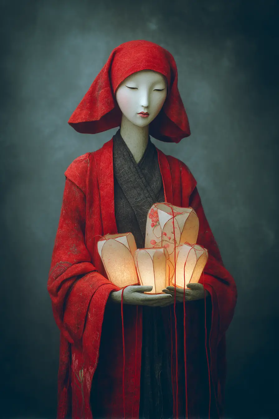 紅色絲綢禮服與燈籠映照的中國傳統新娘