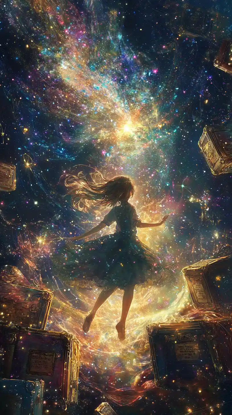 Garota de anime dançando em um reino de fantasia luminoso