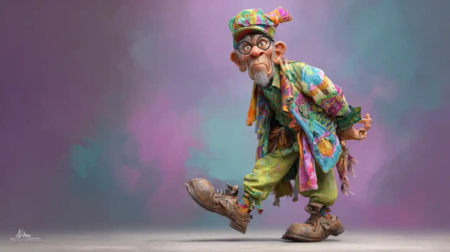 Goofy cartoon character in a vibrant eclectic outfit